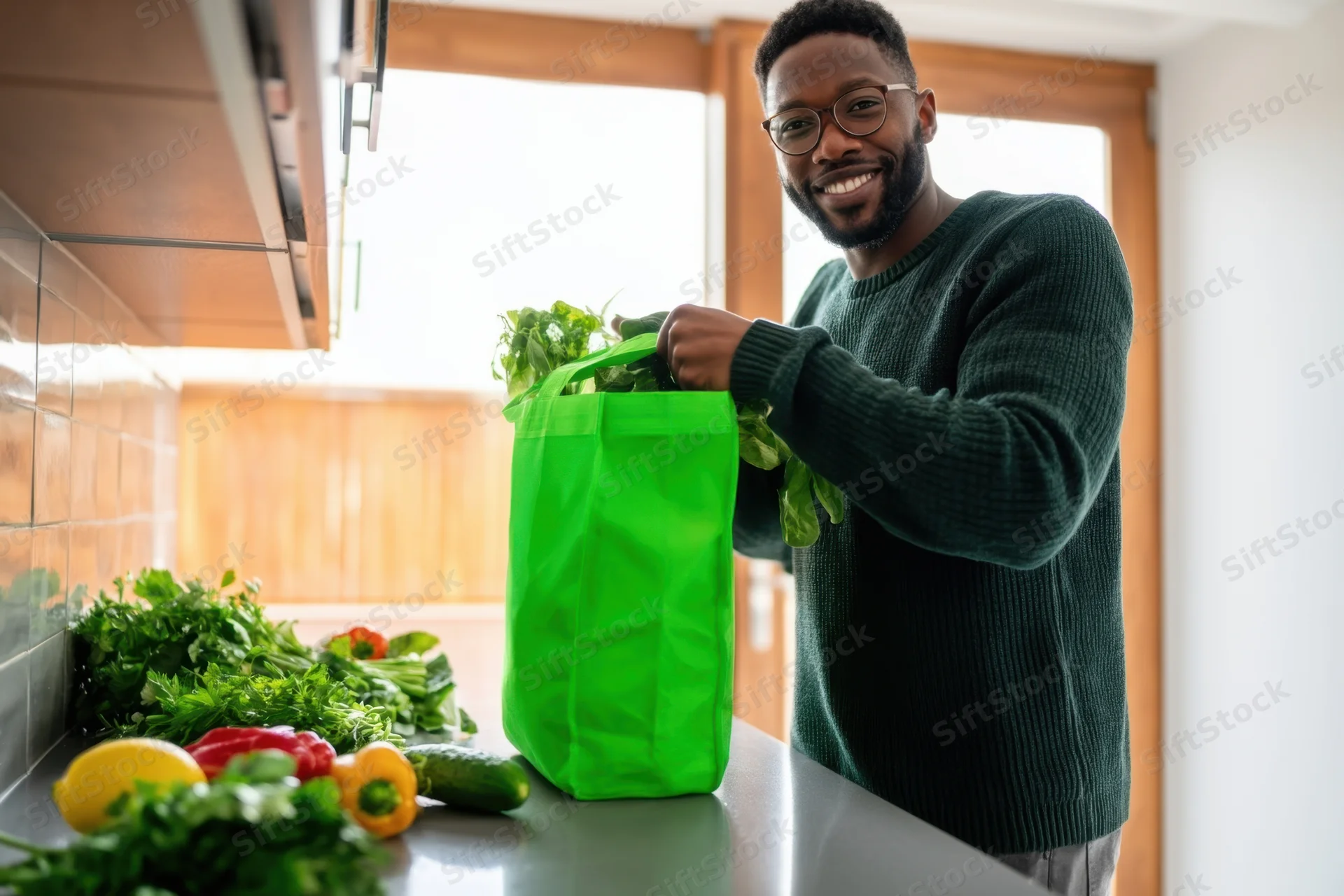 Man smiling while unpacking fresh vegetables from a green reusable bag in a modern kitchen