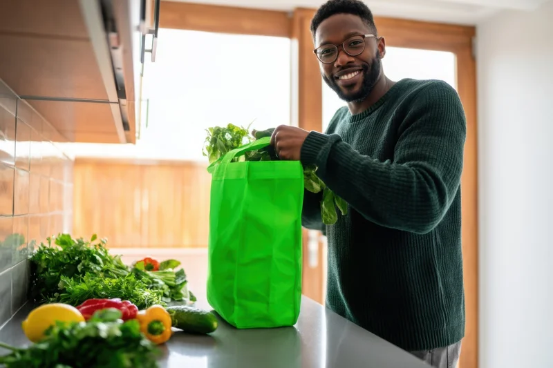 Man smiling while unpacking fresh vegetables from a green reusable bag in a modern kitchen