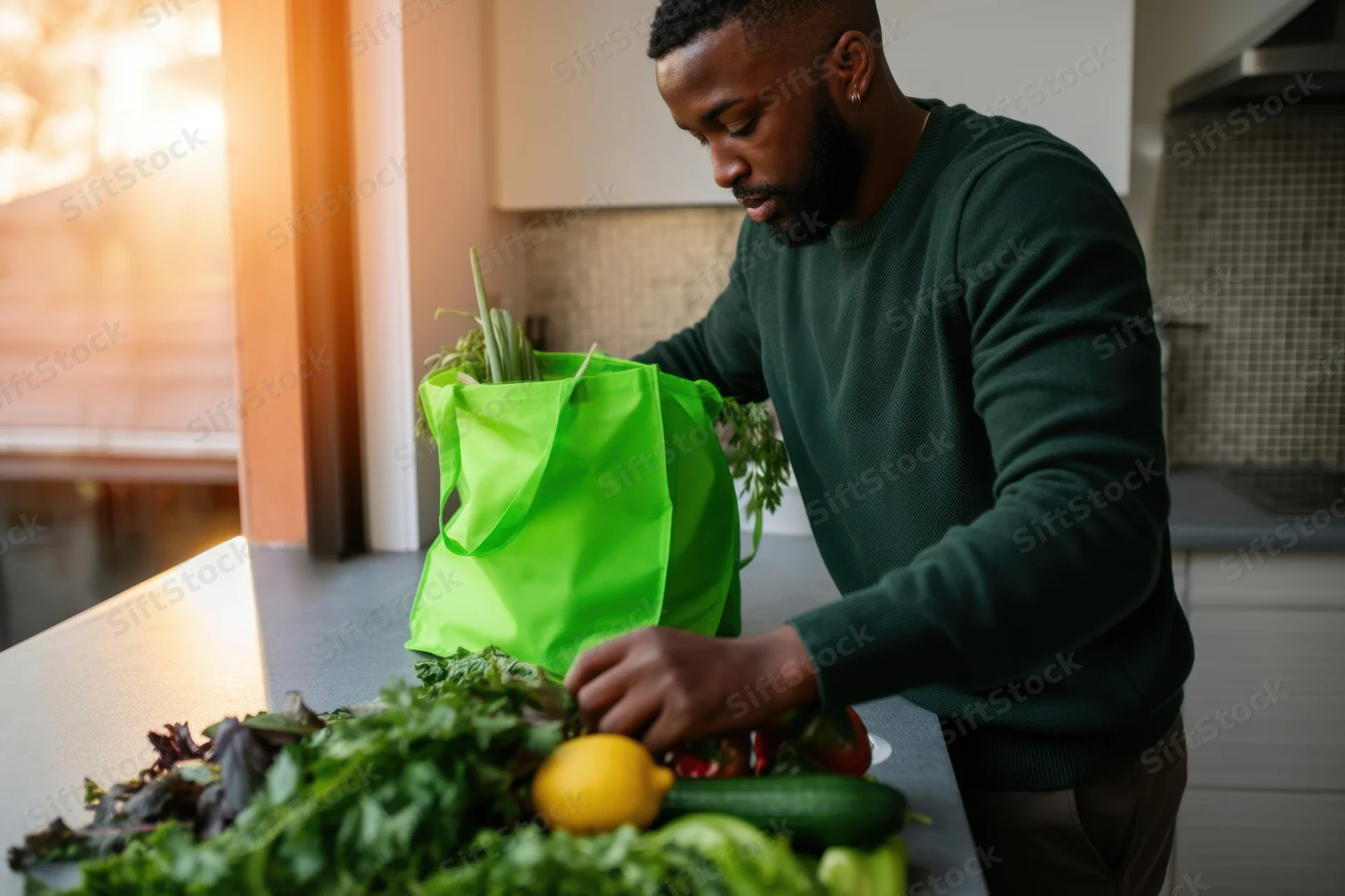 Man unpacking fresh vegetables from a green reusable bag onto a kitchen countertop