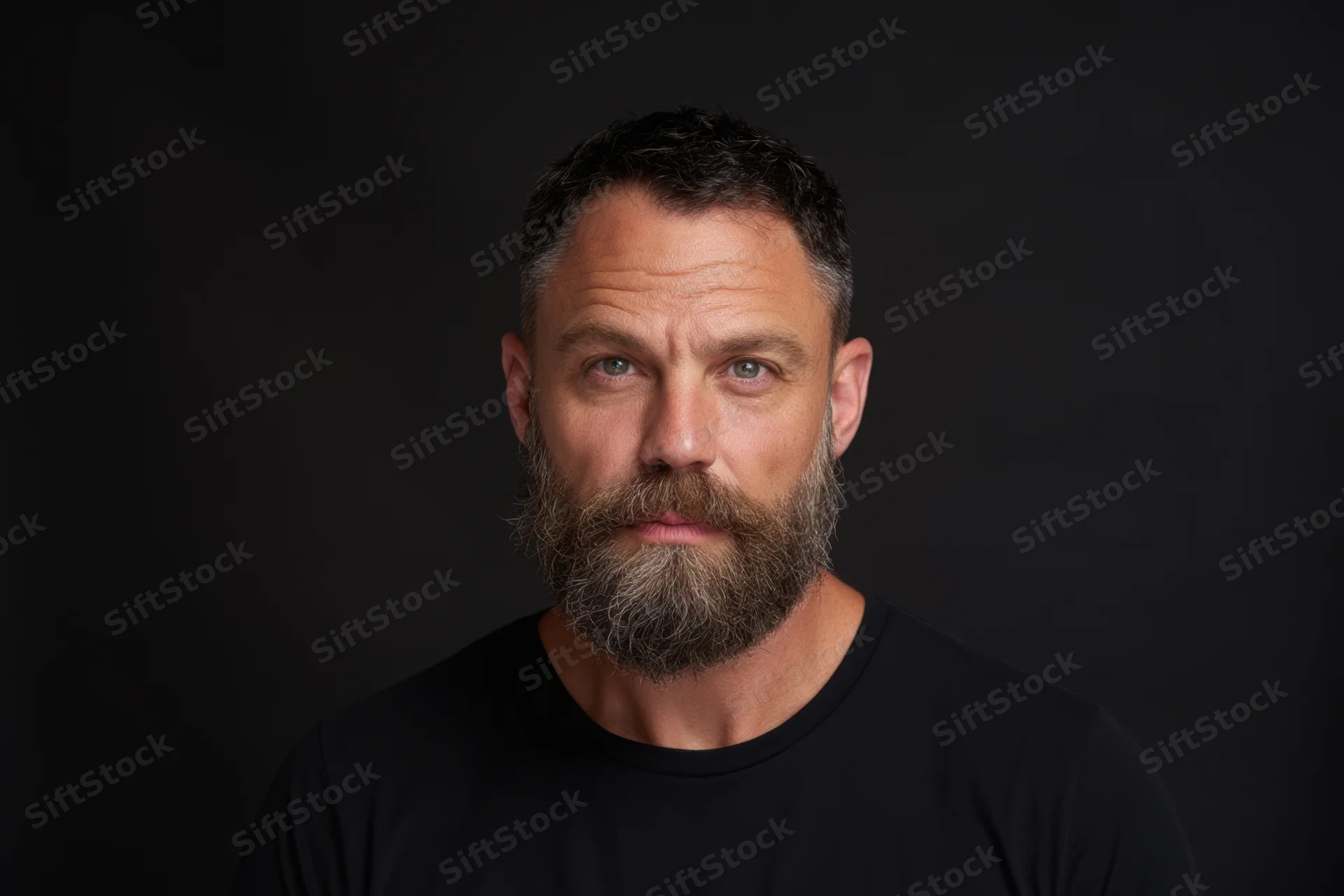 Man with full beard and short dark hair in black tshirt looking directly at camera against dark background