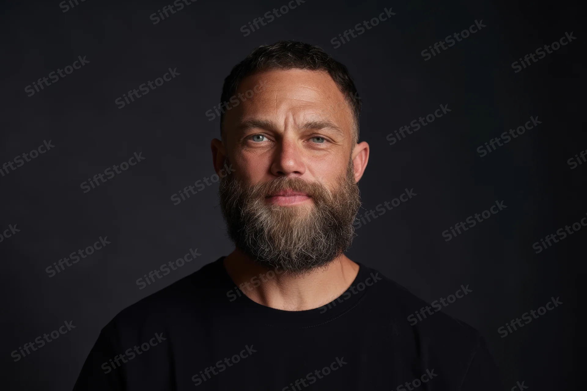 Man with full beard and short dark hair wearing black t-shirt in studio portrait