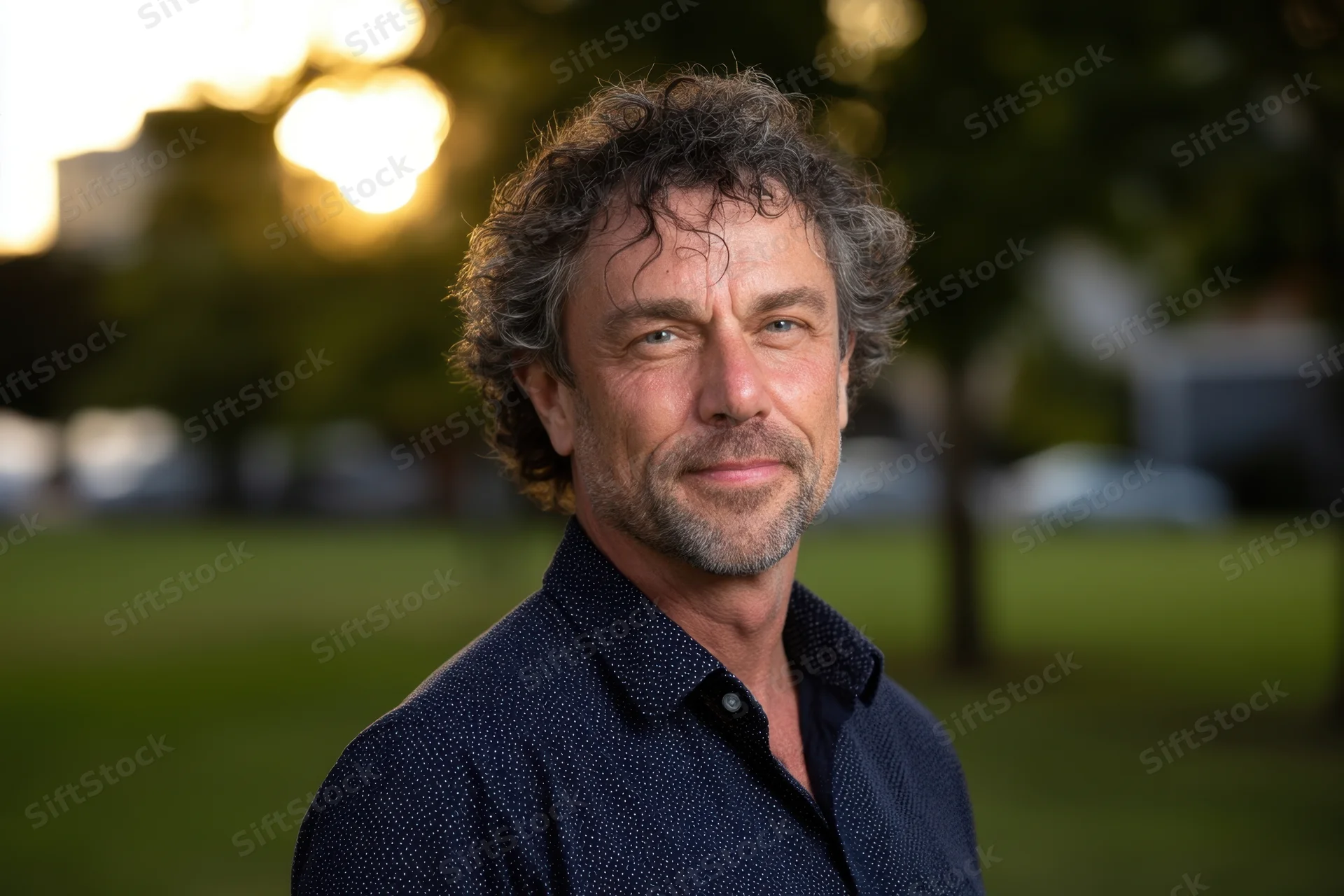 Middleaged man with curly graying hair and stubble smiling in a park at sunset