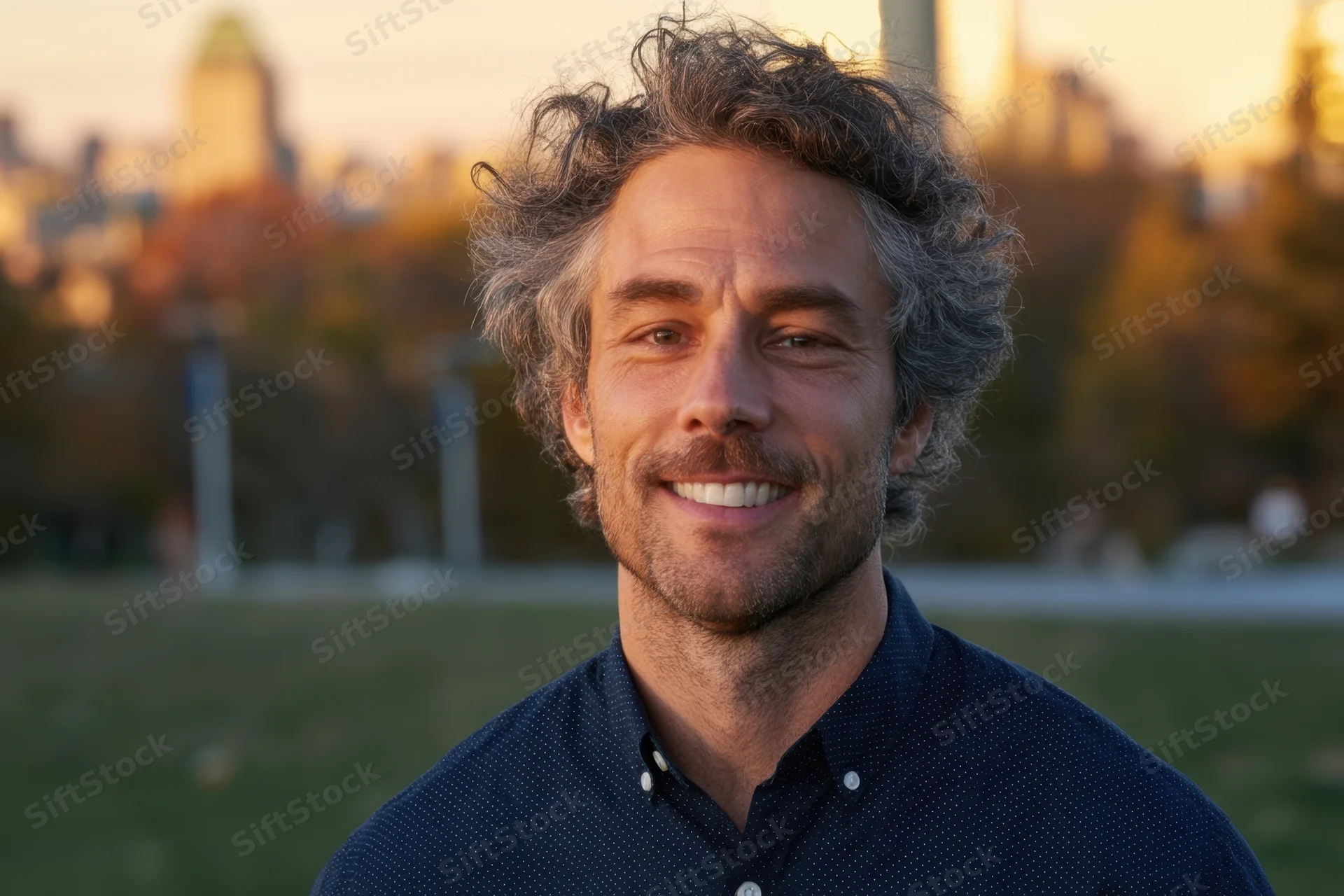 Smiling man with curly gray hair and stubble standing in a park at sunset with city skyline in background