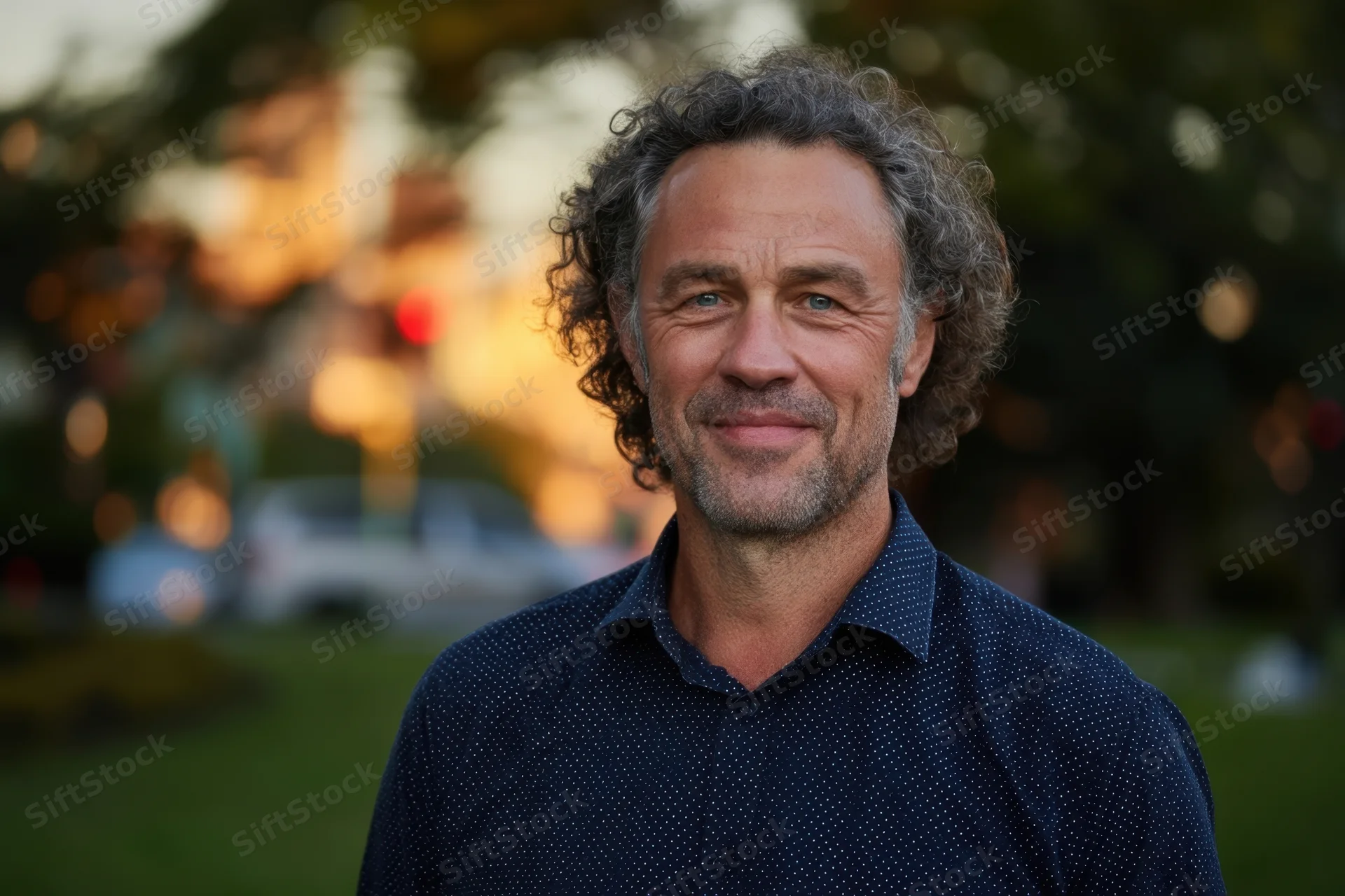 Middleaged man with curly graying hair and stubble smiling in a park at evening with blurred urban background