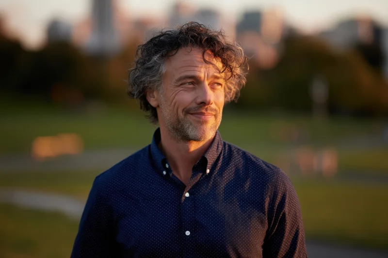 Middleaged man with curly hair and stubble smiling outdoors in a park at sunset