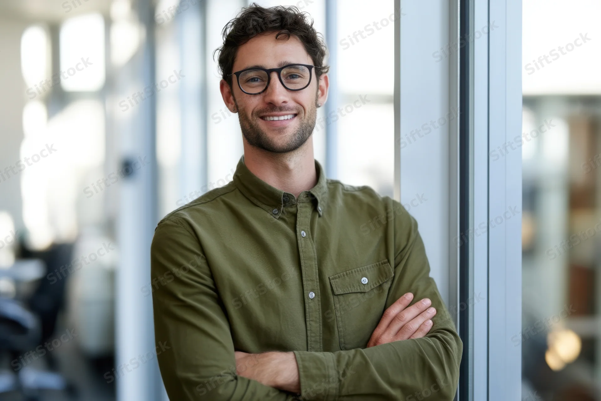 Man with glasses smiling with arms crossed by a window in an office