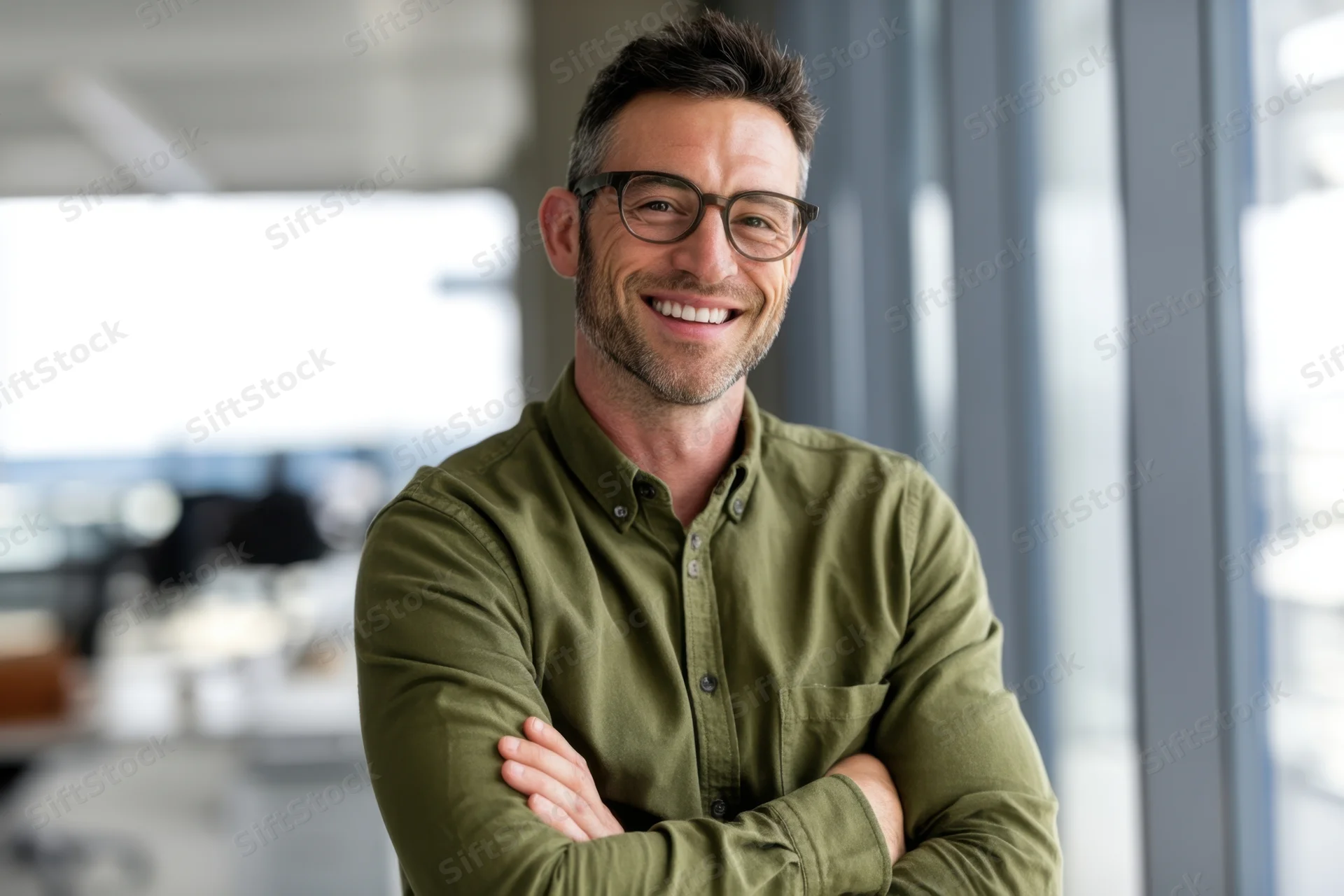 Man with glasses smiling with arms crossed in modern office near large window