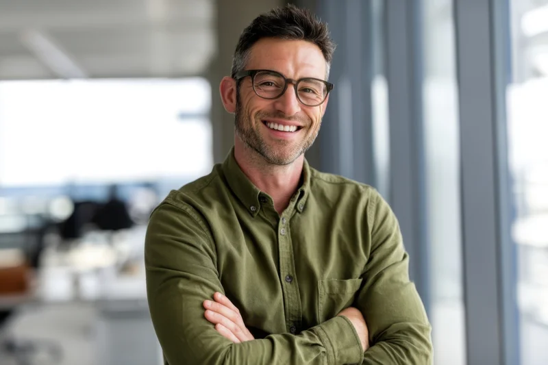 Man with glasses smiling with arms crossed in modern office near large window