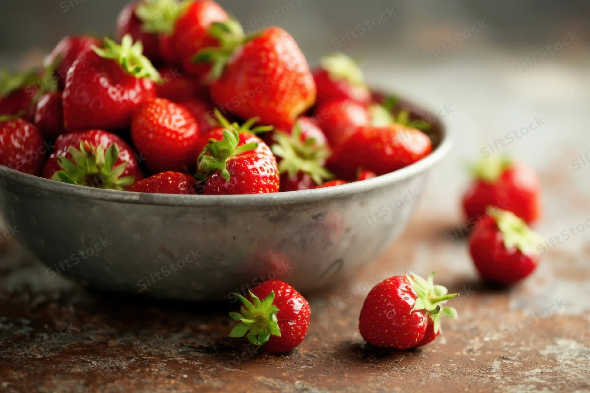 Ripe strawberries in a metal bowl on a rustic surface