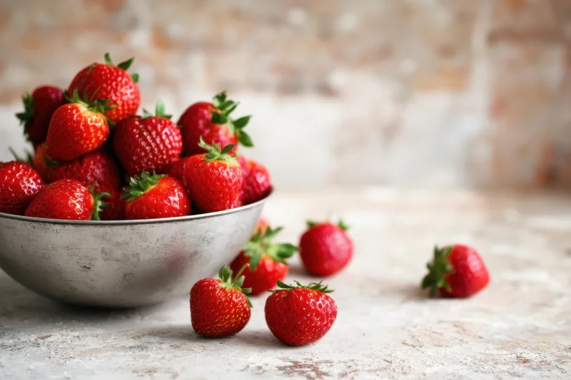 Ripe strawberries in a metal bowl on a stone countertop with scattered berries nearby