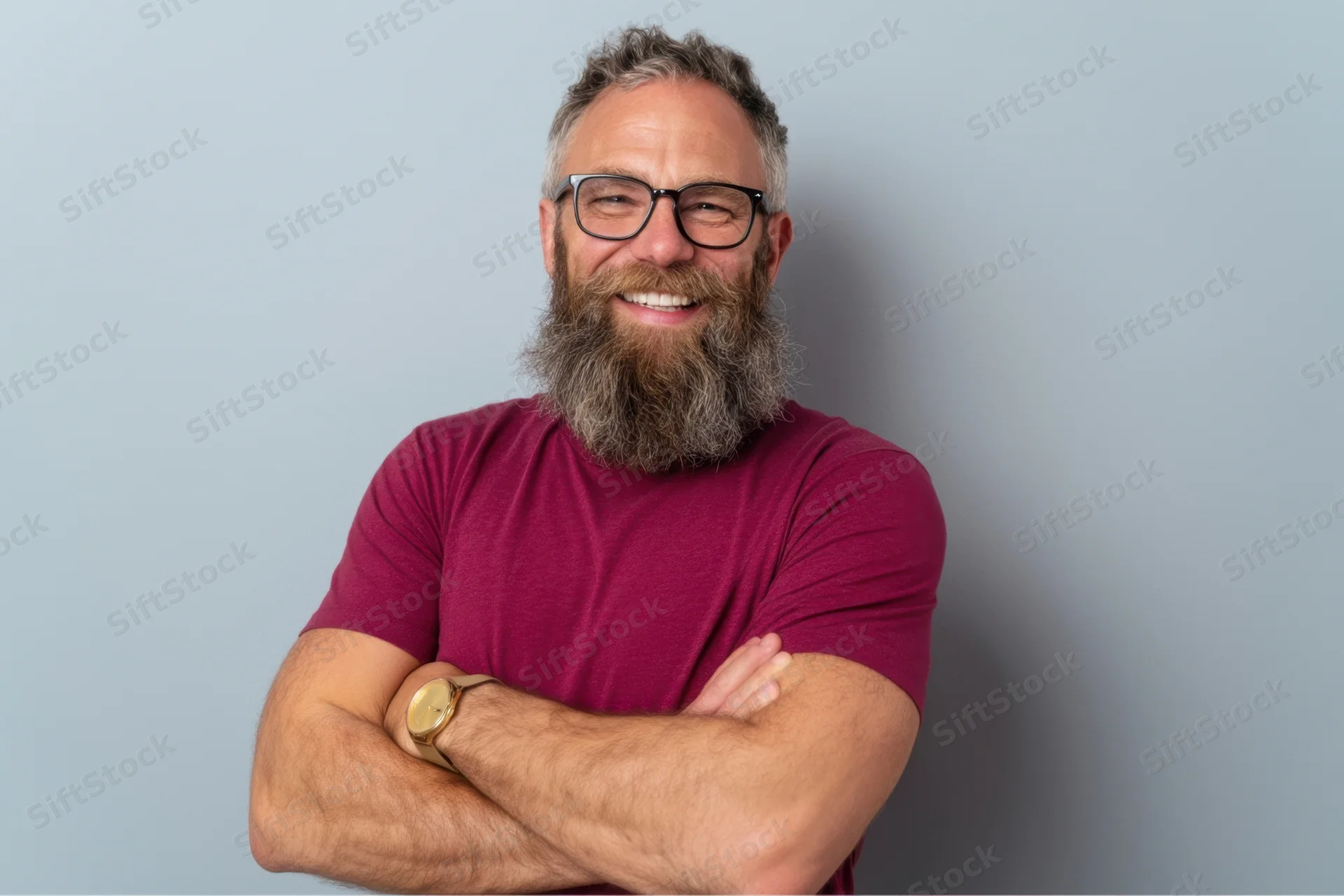 Middle-aged man with full beard and glasses smiling with arms crossed against light blue background