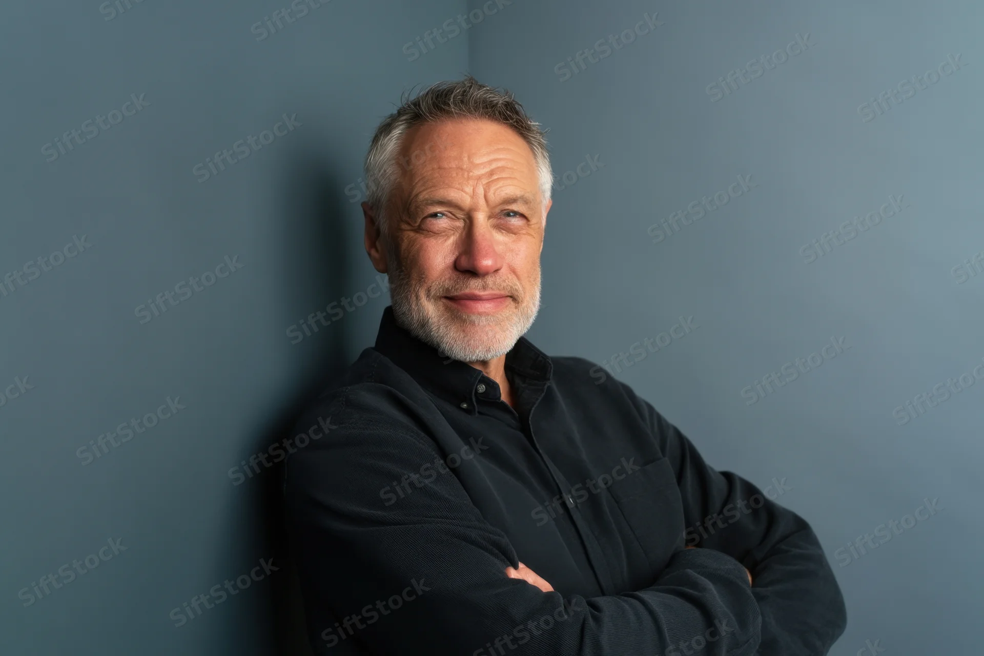 Middle-aged man with salt-and-pepper hair and beard leaning against a gray wall with arms crossed, wearing a black shirt, looking directly at camera