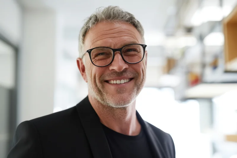 Middle-aged man smiling with glasses in office setting