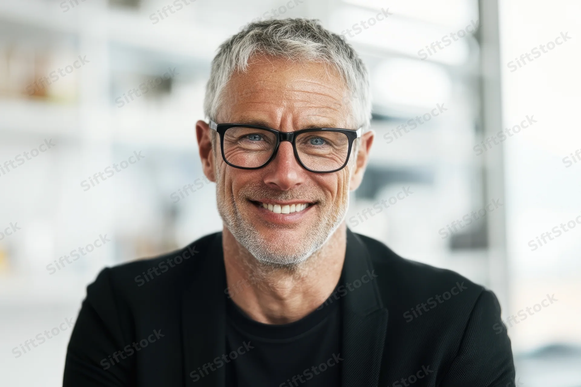 Middle-aged man with gray hair and beard smiling in office wearing glasses and black jacket