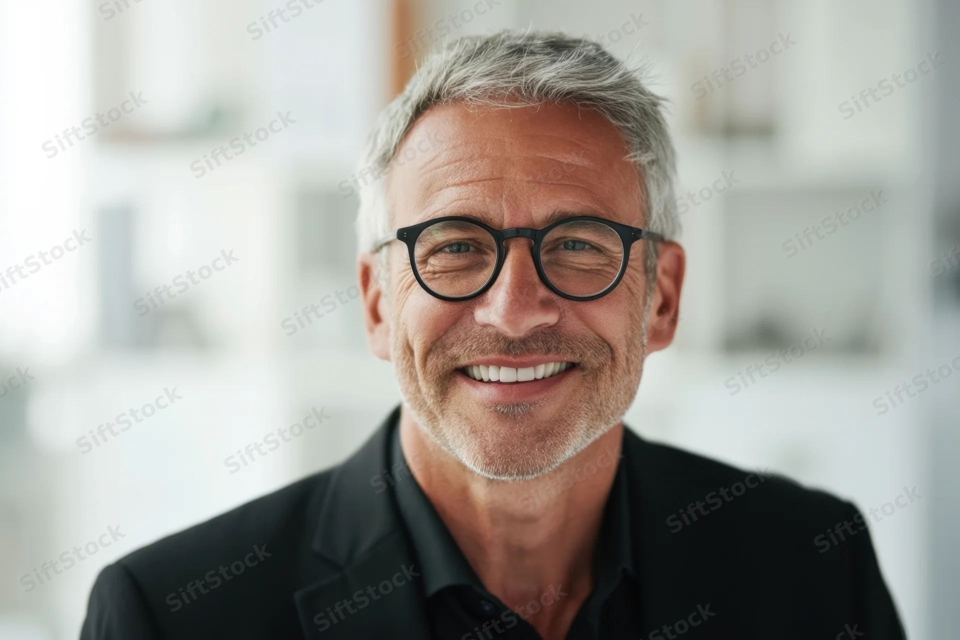Middle-aged man smiling in a black suit and round glasses in a bright office setting