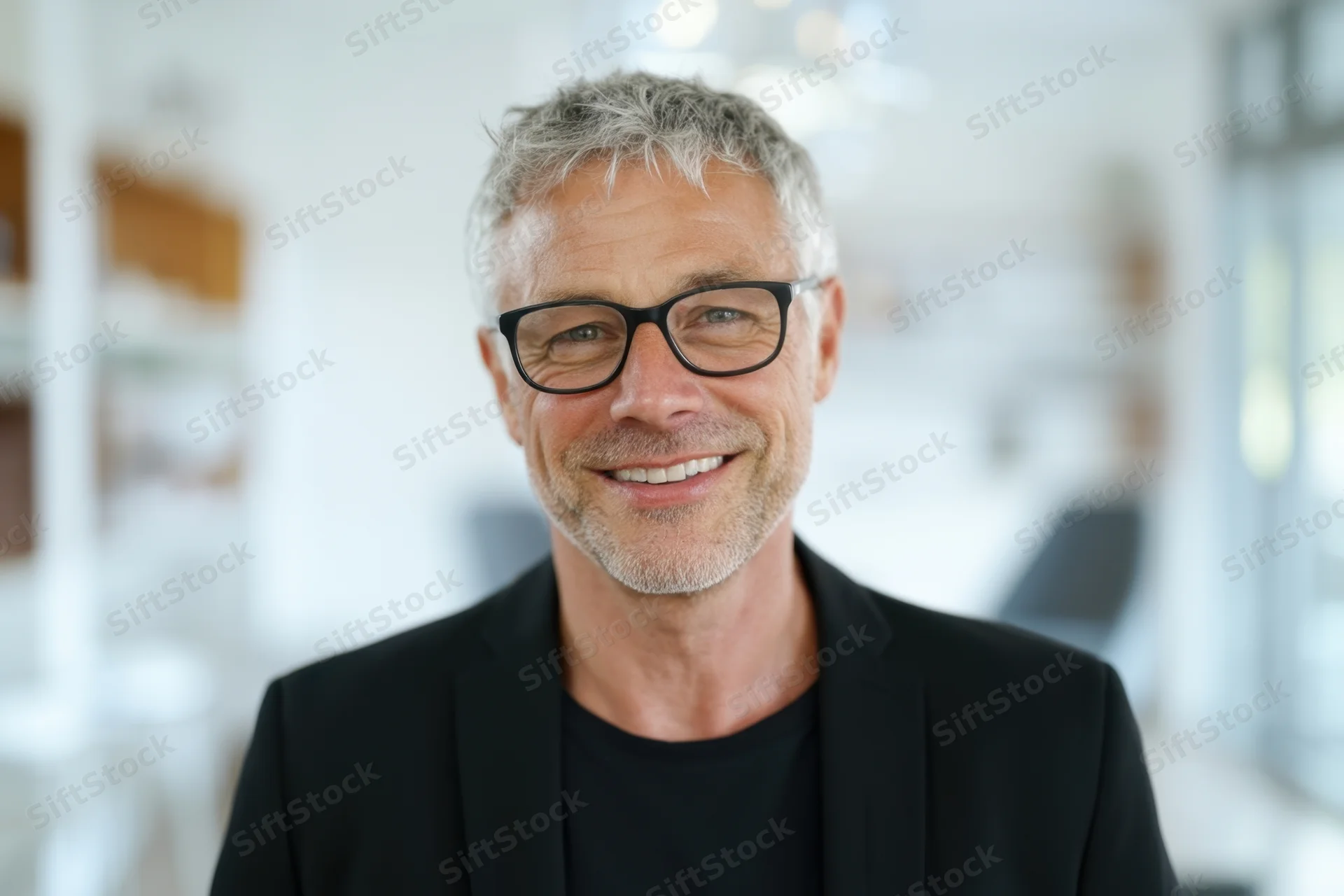 Middle-aged man with gray hair and glasses smiling in a bright office space