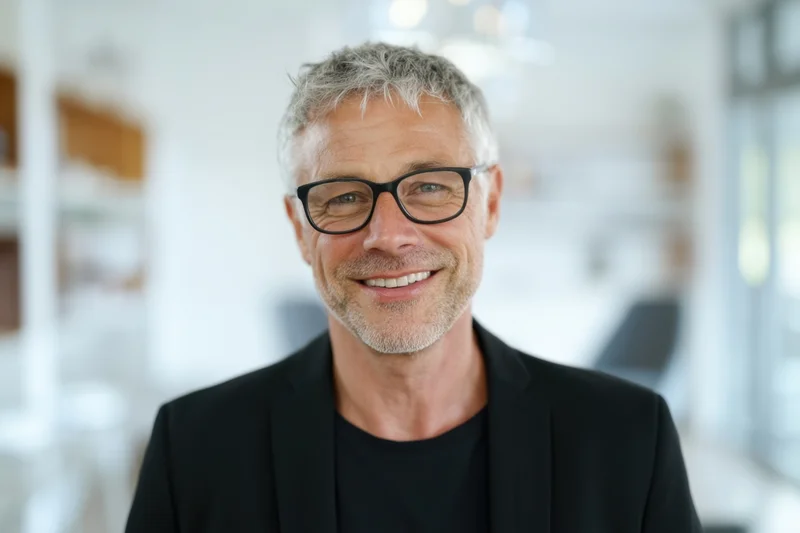Middle-aged man with gray hair and glasses smiling in a bright office space