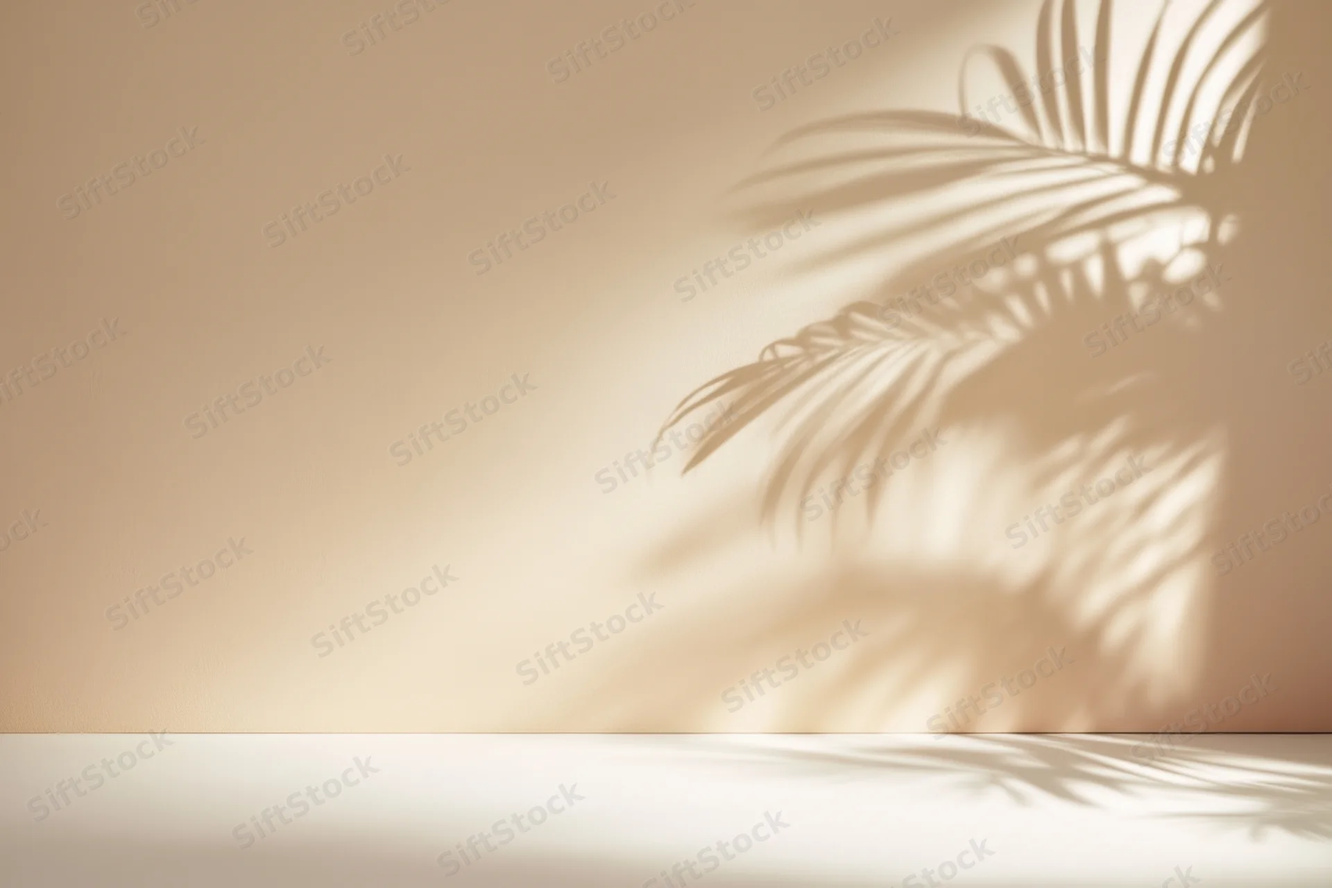 Minimalist interior with palm leaf shadow on beige wall and floor