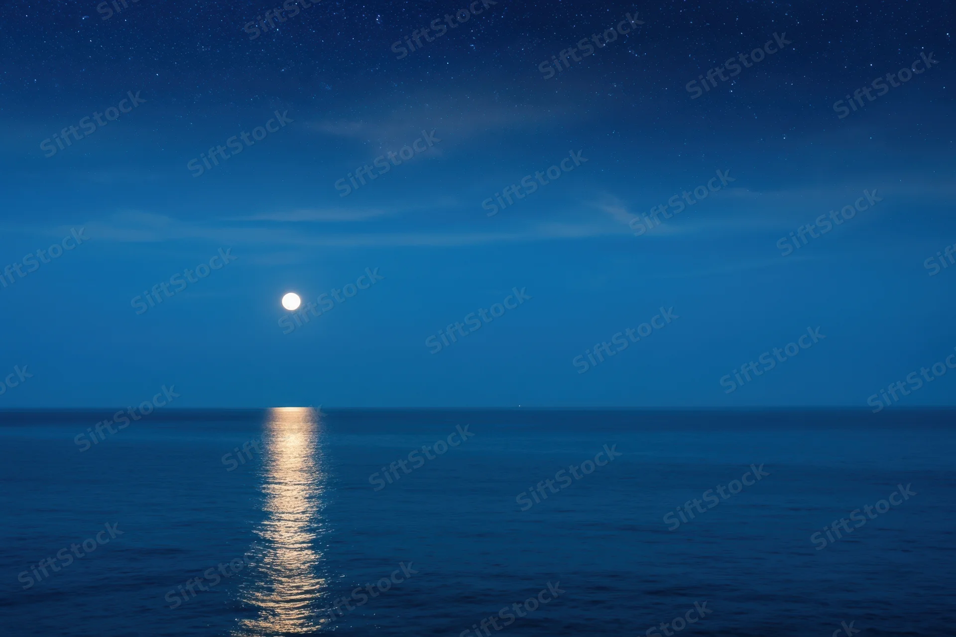 Full moon over calm ocean at night with starry sky and moonlight reflection on water surface
