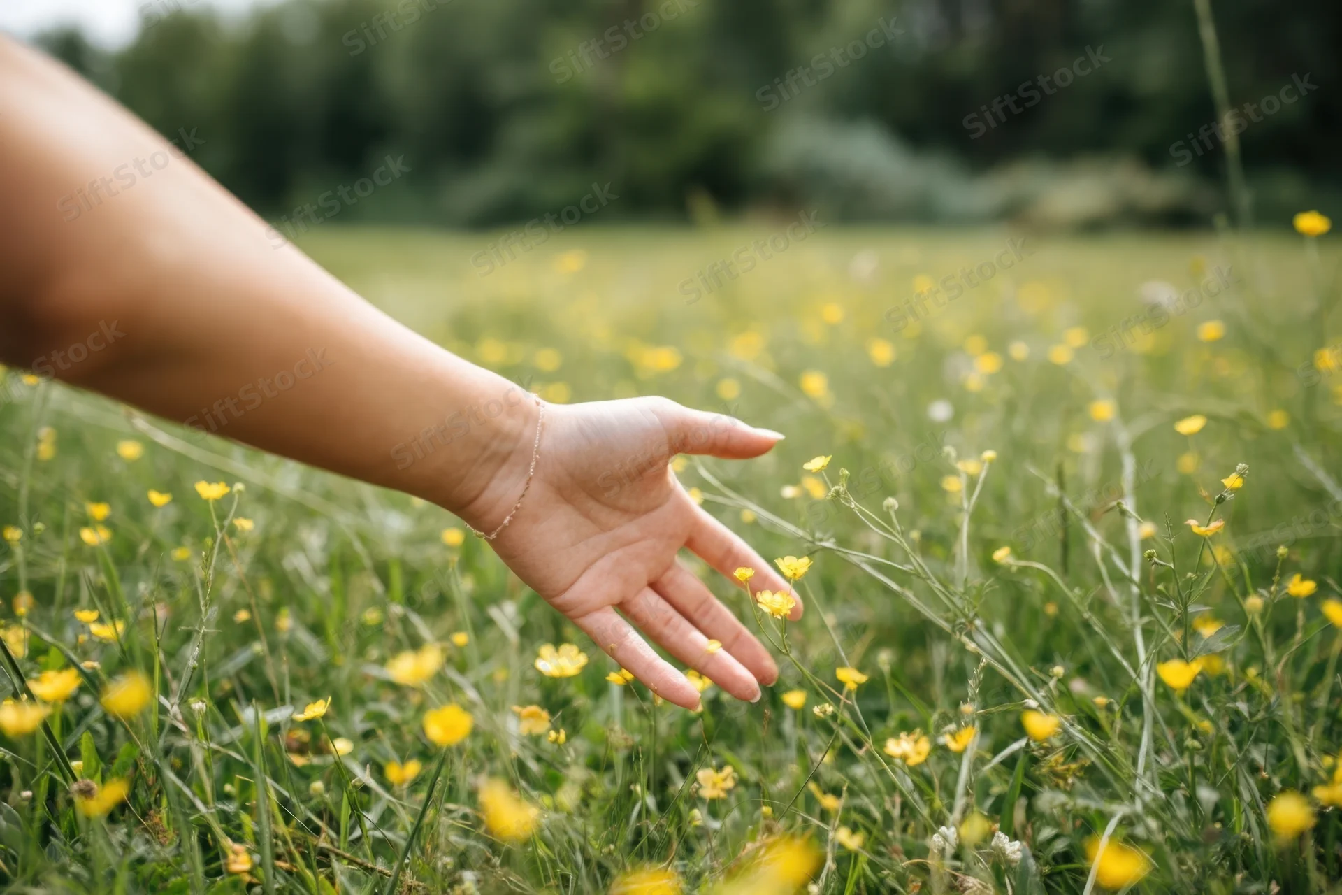 Woman's hand gently brushing yellow wildflowers in a sunlit meadow