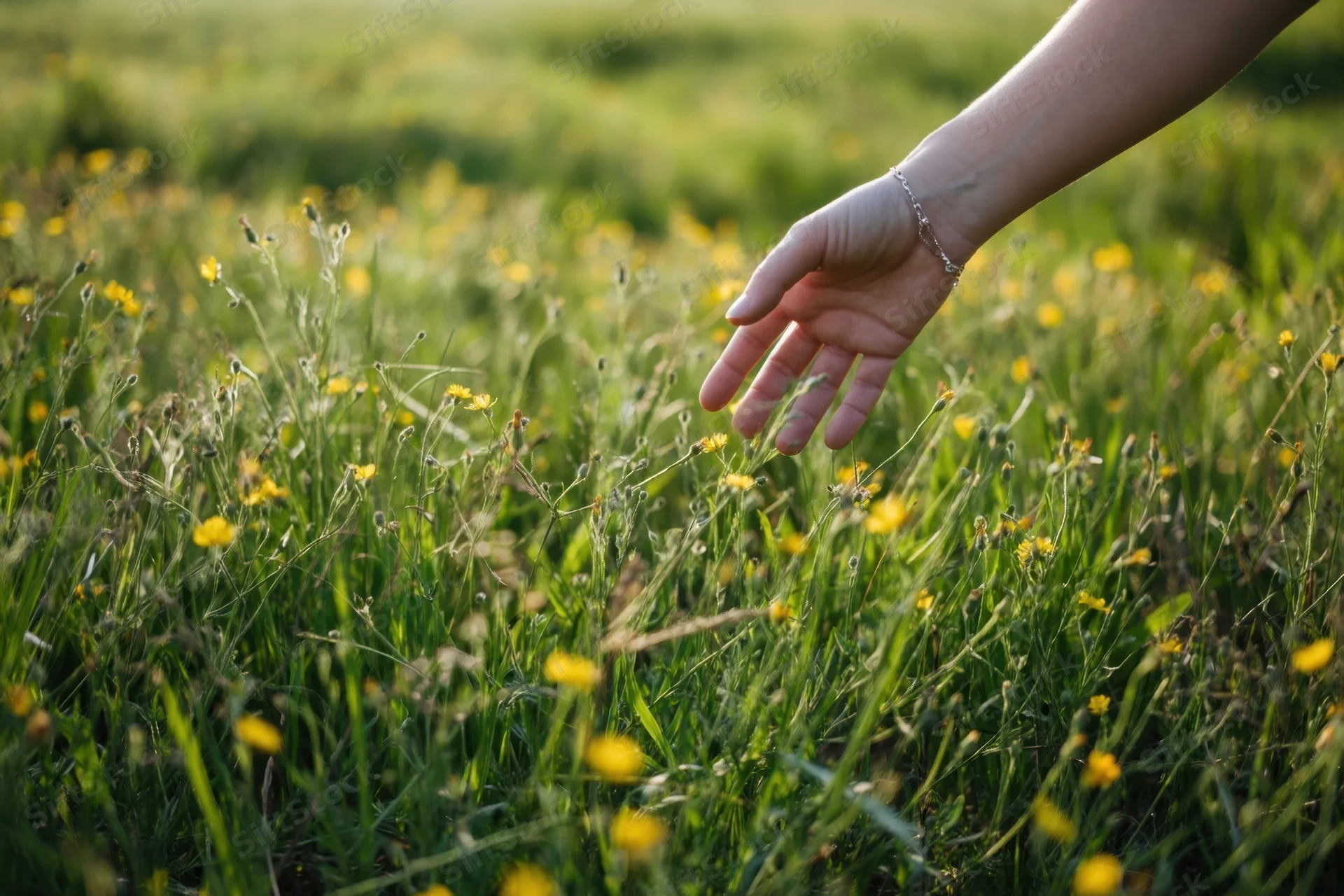 A woman's hand with a delicate bracelet gently brushing through a field of yellow wildflowers in a sunlit meadow