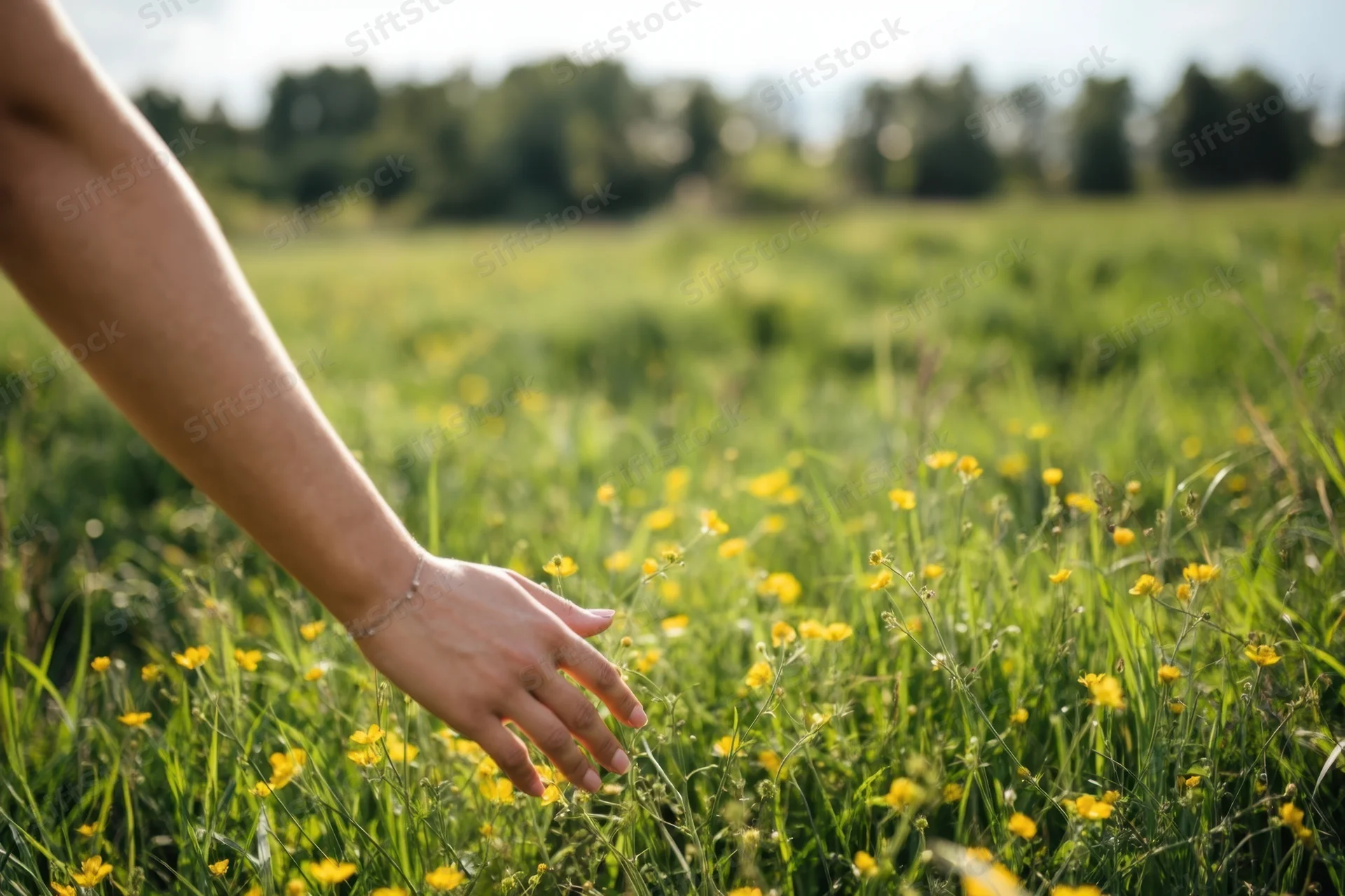 Woman’s hand brushing through yellow wildflowers in a sunlit green field