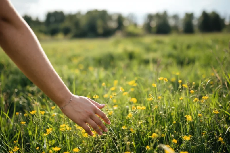 Woman’s hand brushing through yellow wildflowers in a sunlit green field