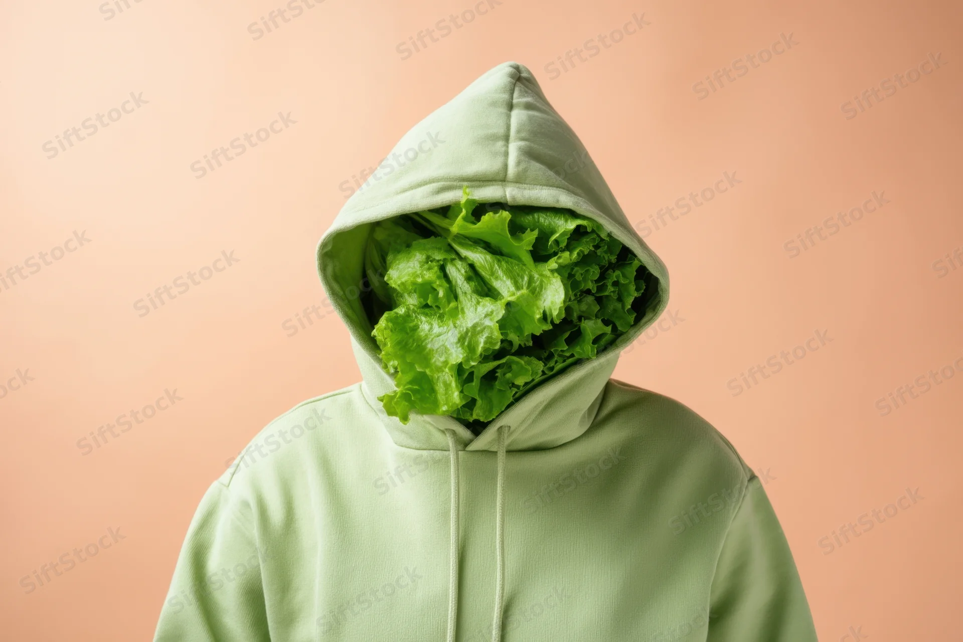 Person in pale green hoodie with lettuce filling the hood, standing against peach background