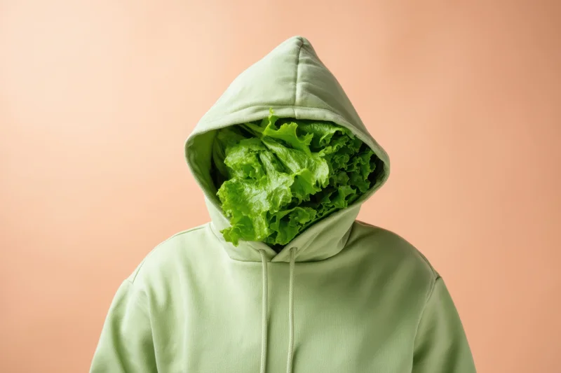 Person in pale green hoodie with lettuce filling the hood, standing against peach background