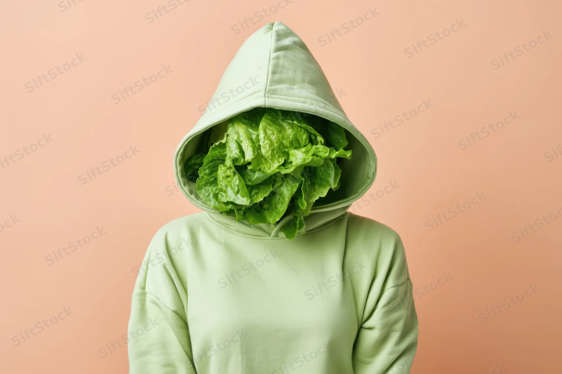 Person in pale green hoodie with lettuce inside hood against peach background