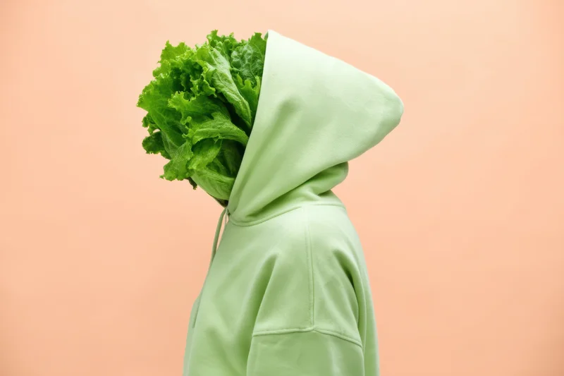 Person in pale green hoodie with lettuce for head against peach background