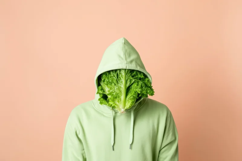 Person in pale green hoodie with lettuce head against peach background