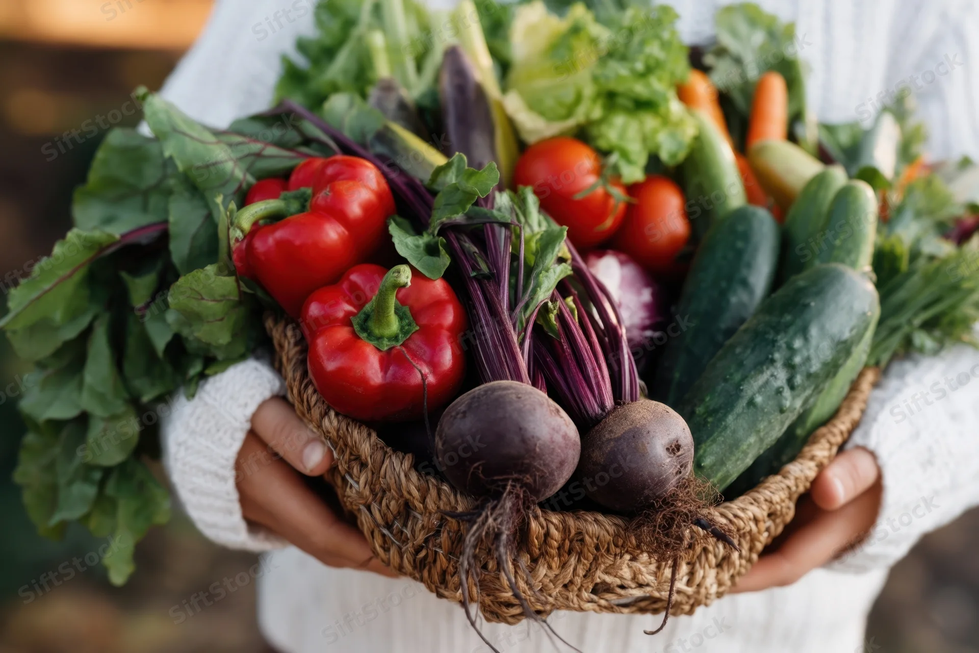 Person holding a woven basket overflowing with fresh vegetables in a rural setting