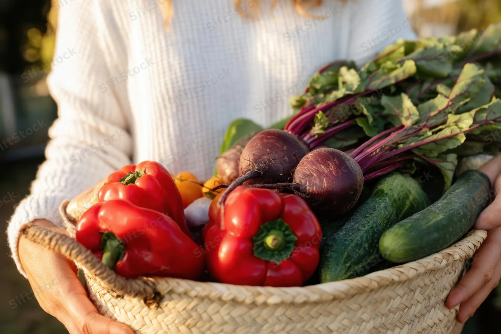 Woman holding a woven basket overflowing with fresh vegetables outdoors