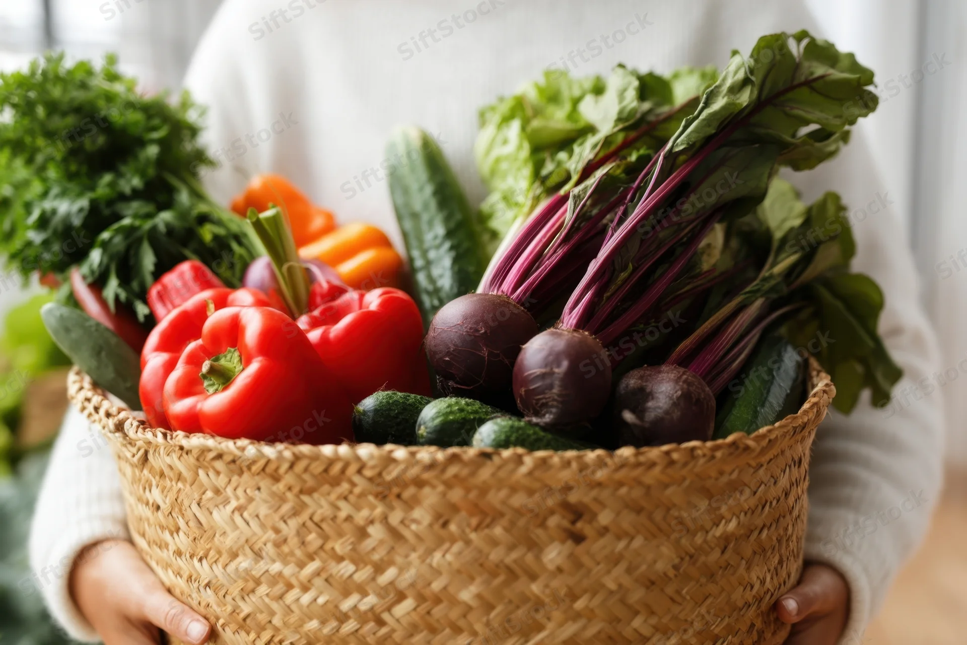 Woman holding a woven basket filled with fresh vegetables in a kitchen