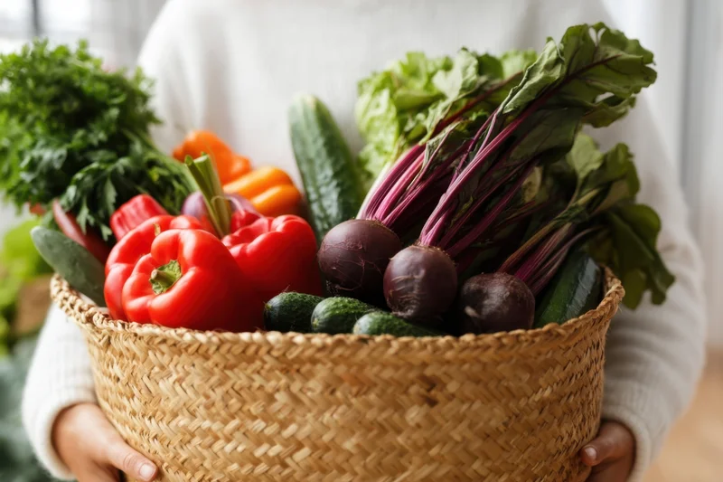 Woman holding a woven basket filled with fresh vegetables in a kitchen