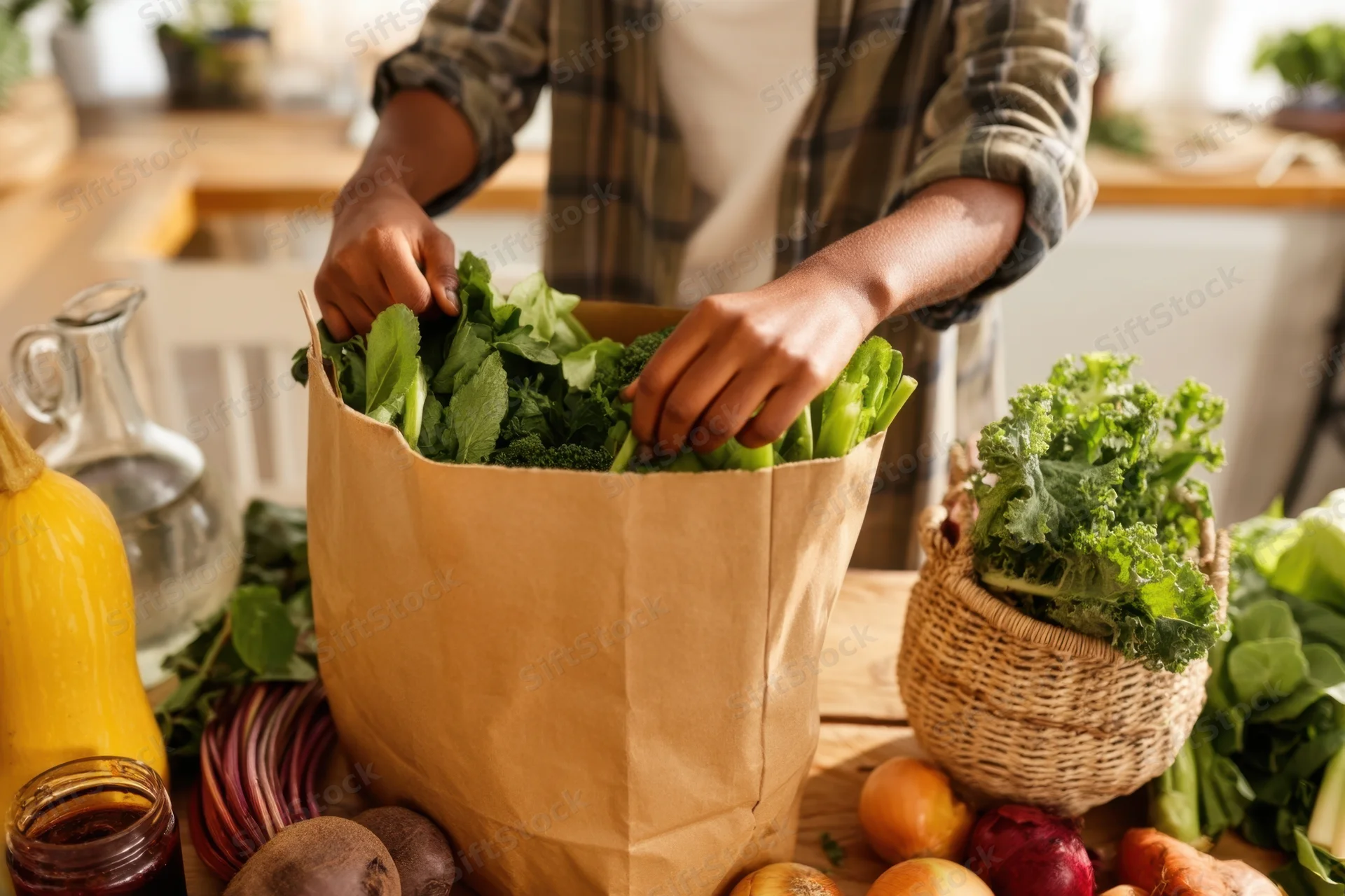 Person placing fresh greens and vegetables into a brown paper bag on a kitchen countertop