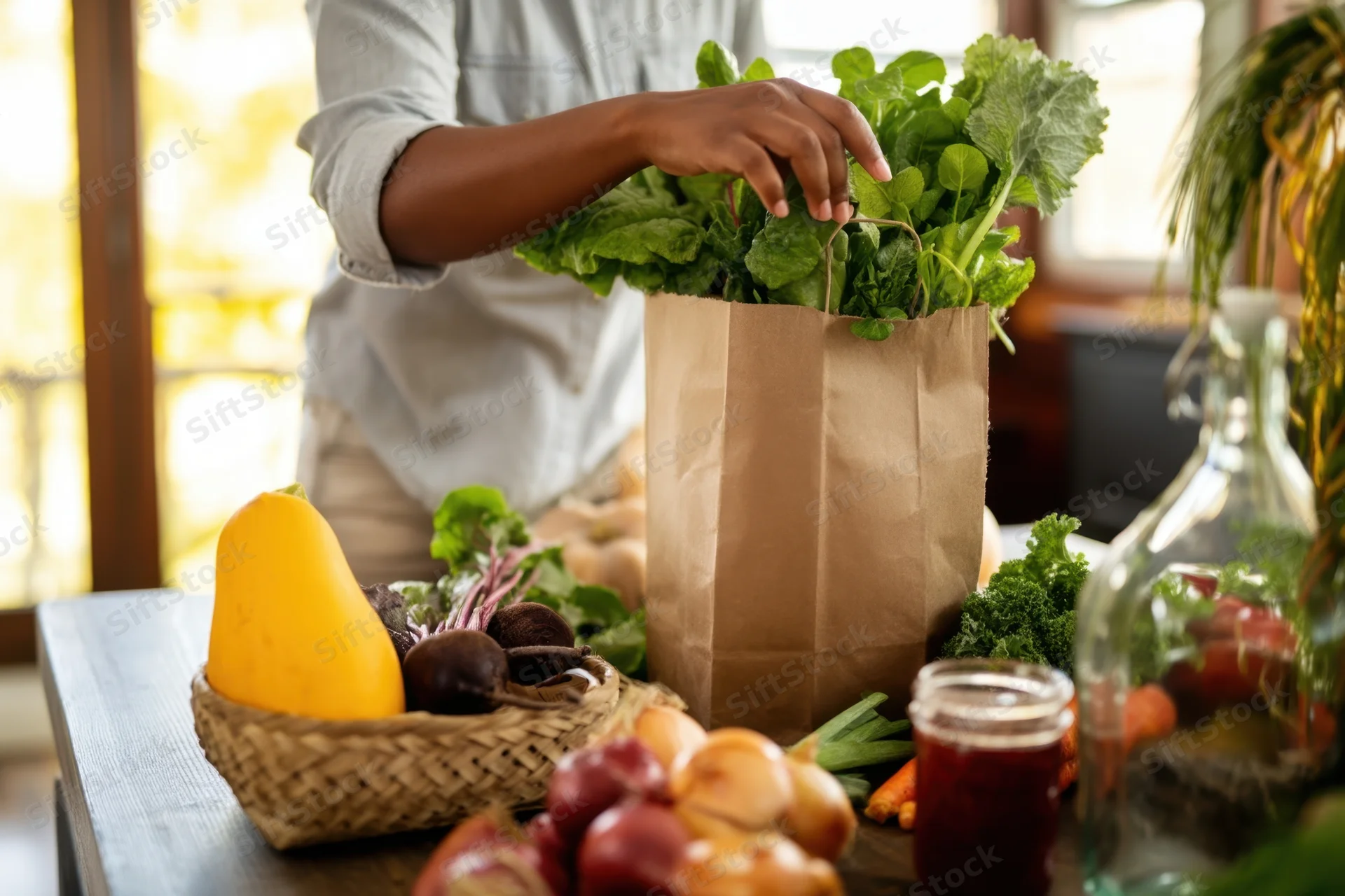 Person placing fresh greens and vegetables into a brown paper bag on a kitchen table