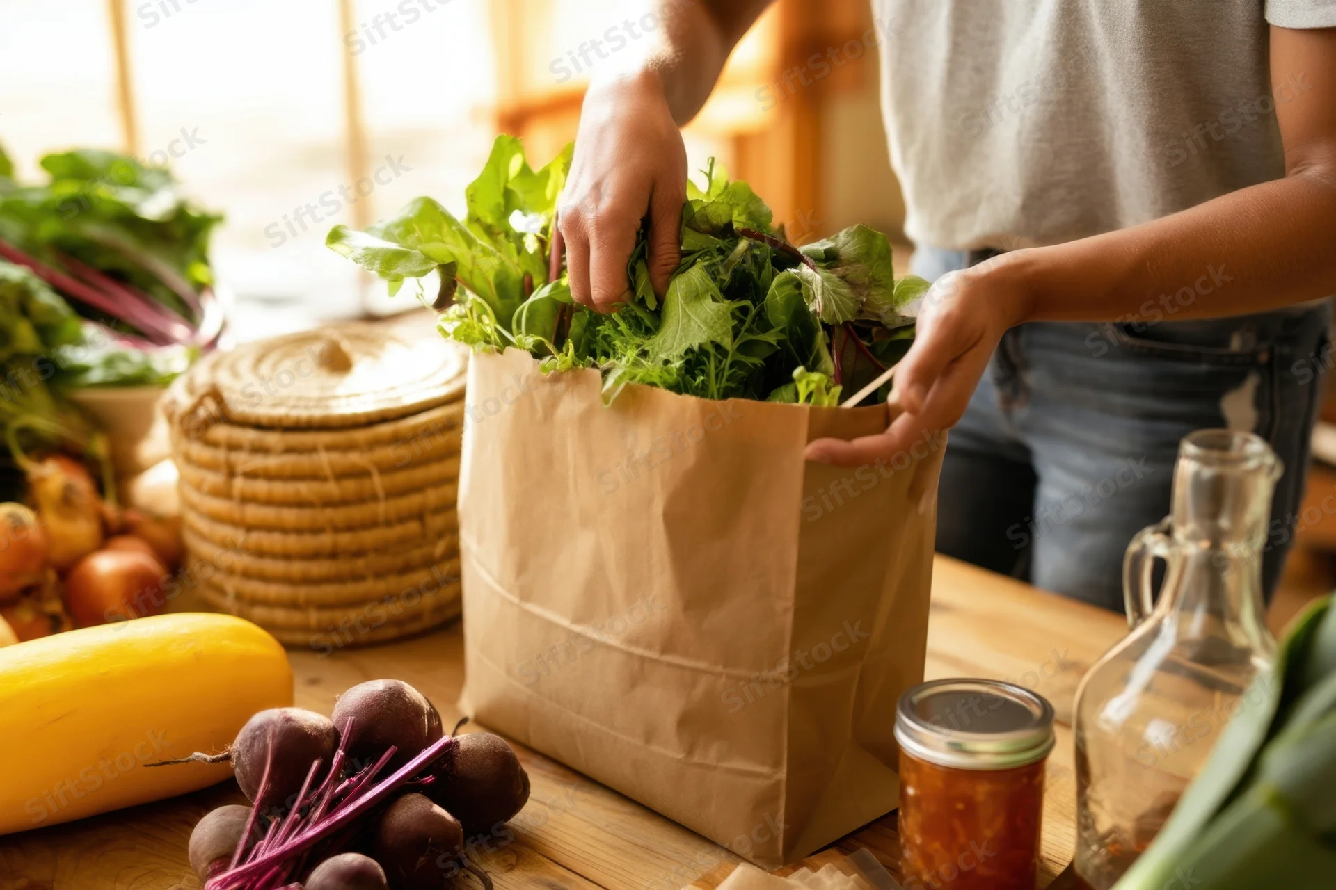Person placing fresh greens and vegetables into a brown paper bag on a kitchen table