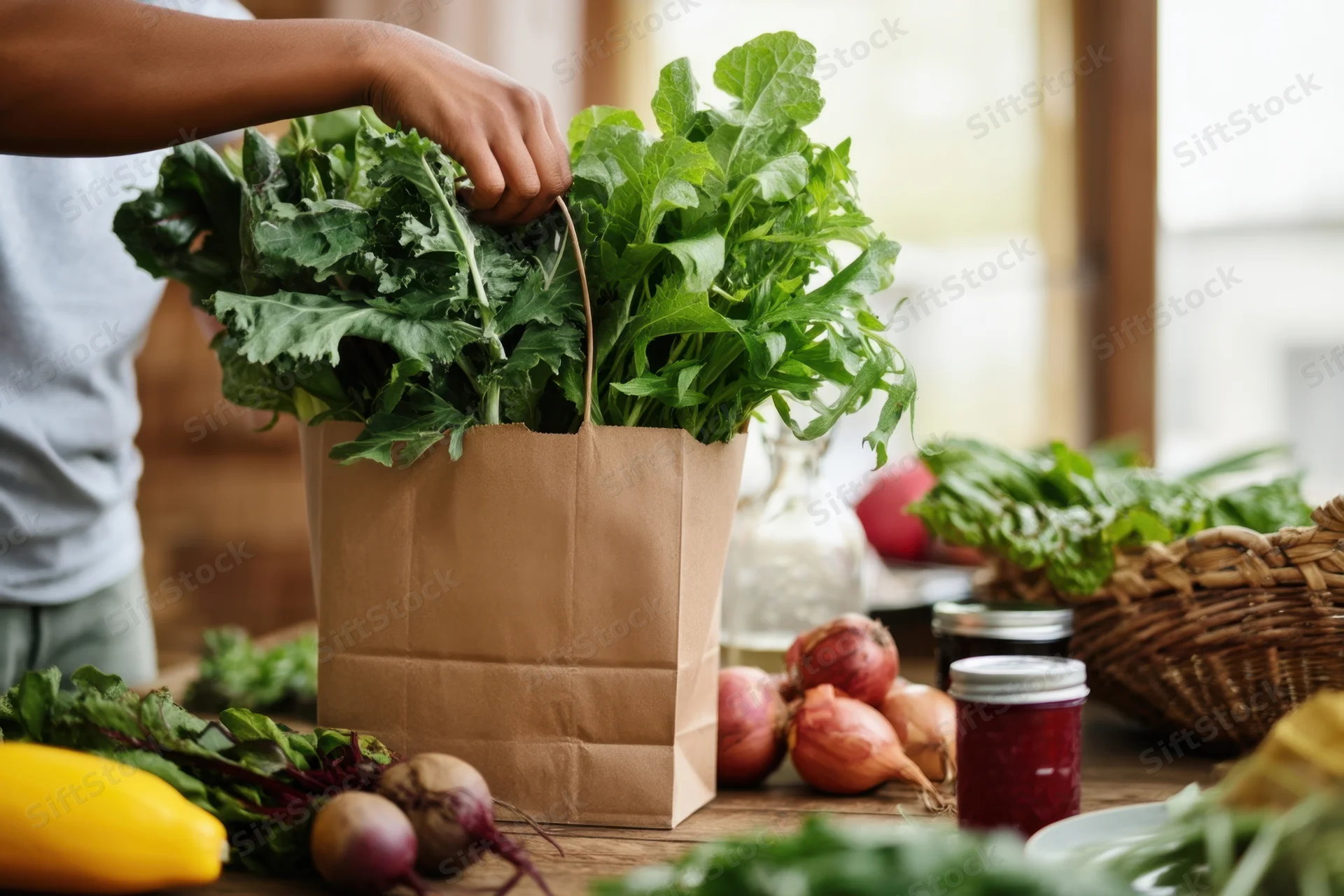 Person placing fresh greens and vegetables into a brown paper bag on a kitchen table