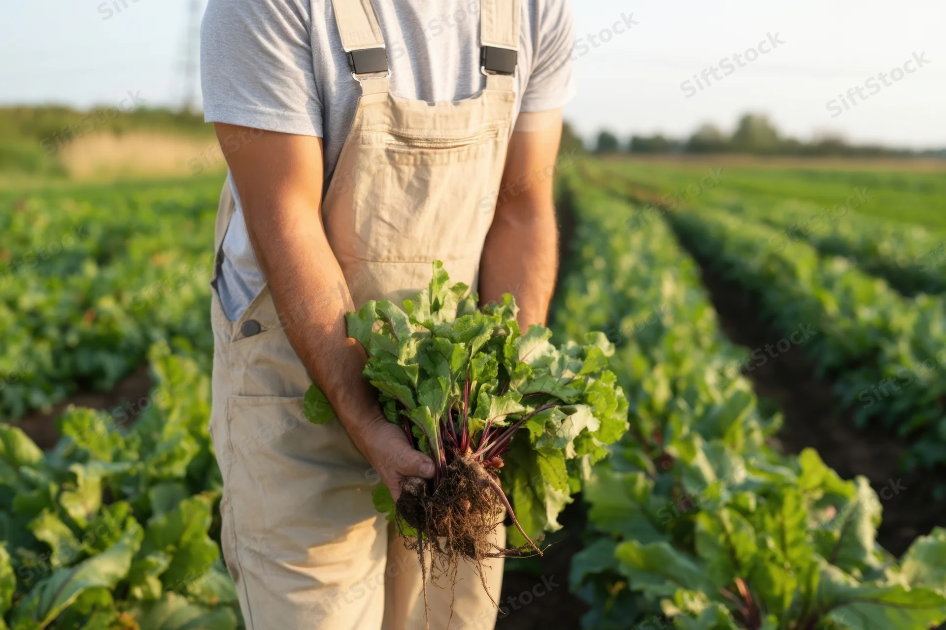 Farmer holding freshly harvested radishes in a vegetable field