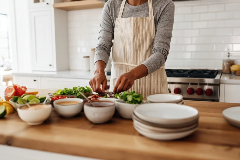 Woman in striped apron preparing salad on wooden kitchen counter with bowls of vegetables and sauces