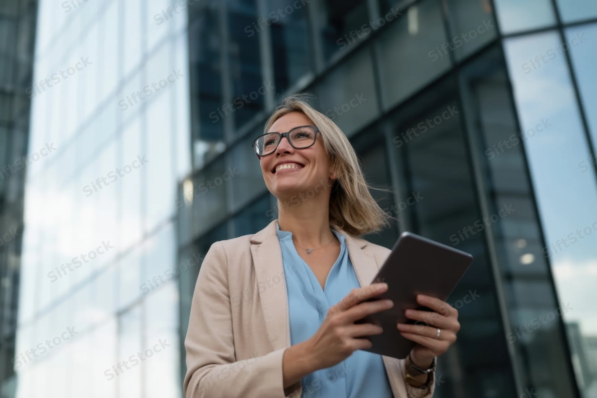 Woman in business attire holding tablet and smiling outdoors in front of modern glass building
