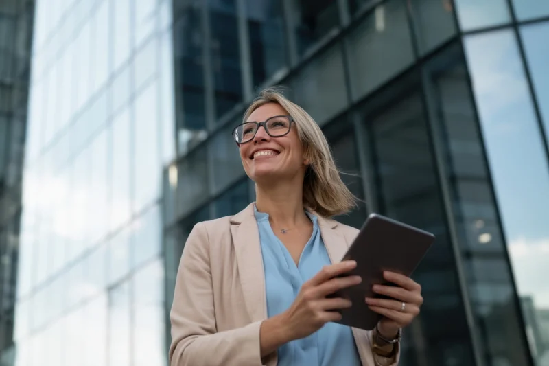 Woman in business attire holding tablet and smiling outdoors in front of modern glass building