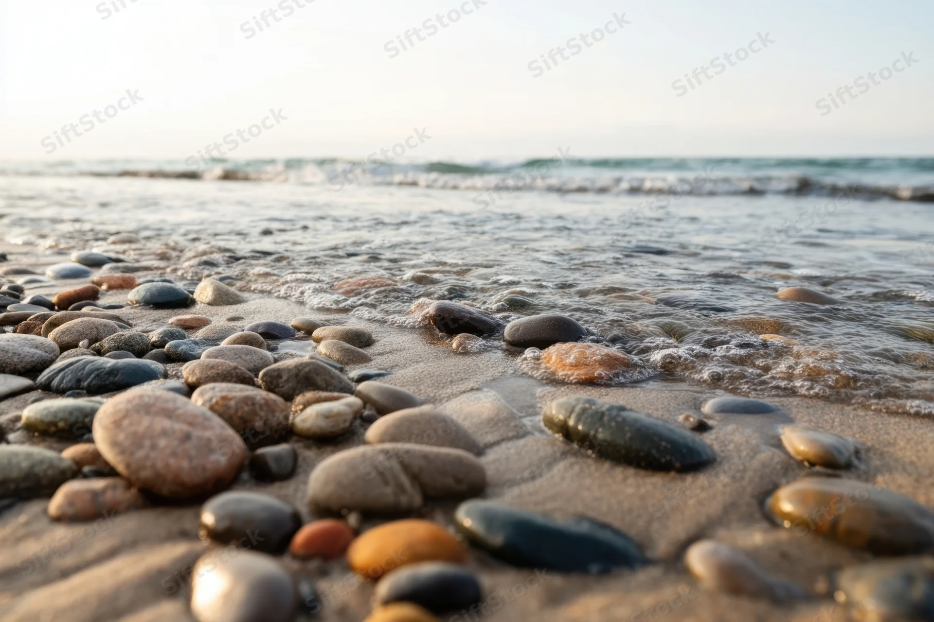 Smooth pebbles scattered on wet sand at shoreline with gentle waves rolling in from ocean