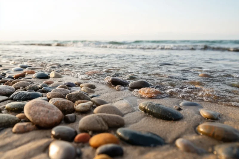 Smooth pebbles scattered on wet sand at shoreline with gentle waves rolling in from ocean