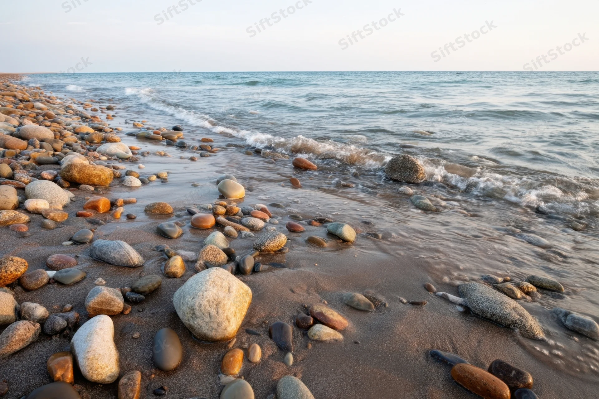 Smooth pebbles scattered across wet sand at the shoreline with gentle waves rolling in from the ocean