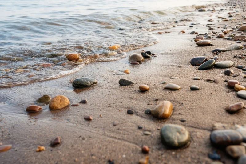 Smooth pebbles scattered across wet sand at the shoreline with gentle waves rolling in