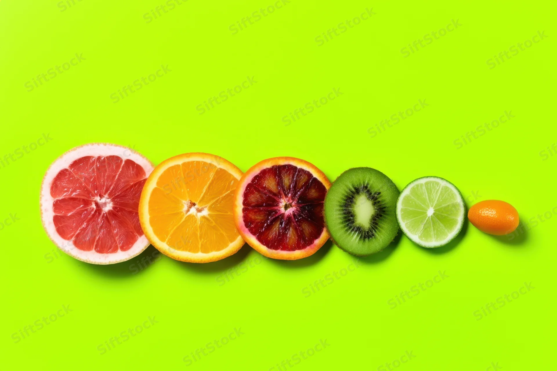 Row of citrus fruit slices arranged in a line on a bright green background