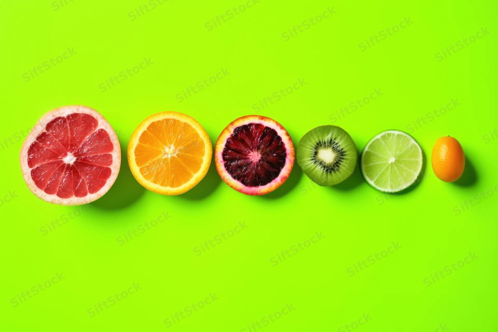 Row of citrus fruit cross-sections arranged on a vivid green background